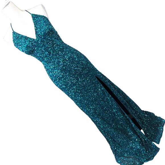 CHANDALIER LOS ANGELES! TEAL SEQUIN EMBELLISHED SHEATH GOWN, THIGH SLIT! SZ 10 - Picture 1 of 10